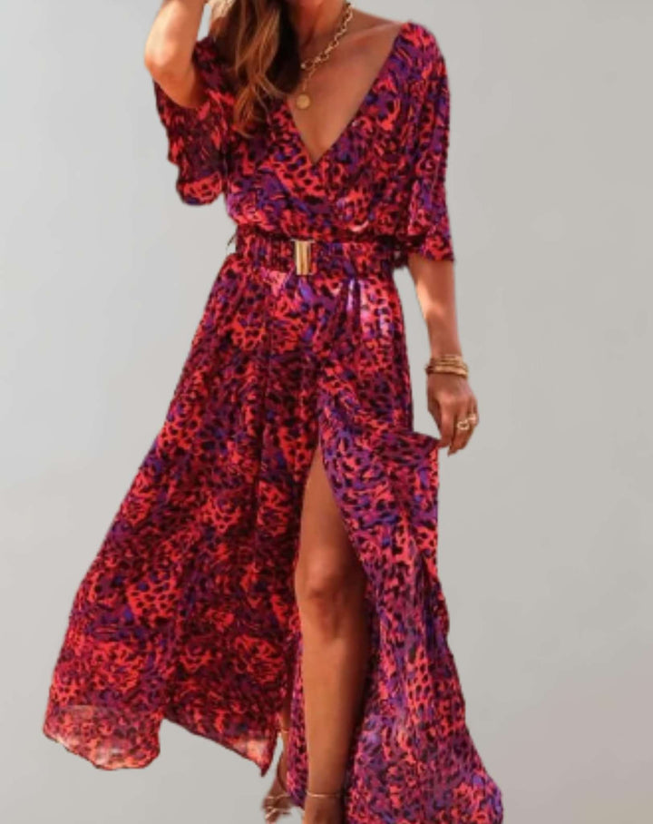 Women's Printed Split Maxi Dress with Short Sleeves