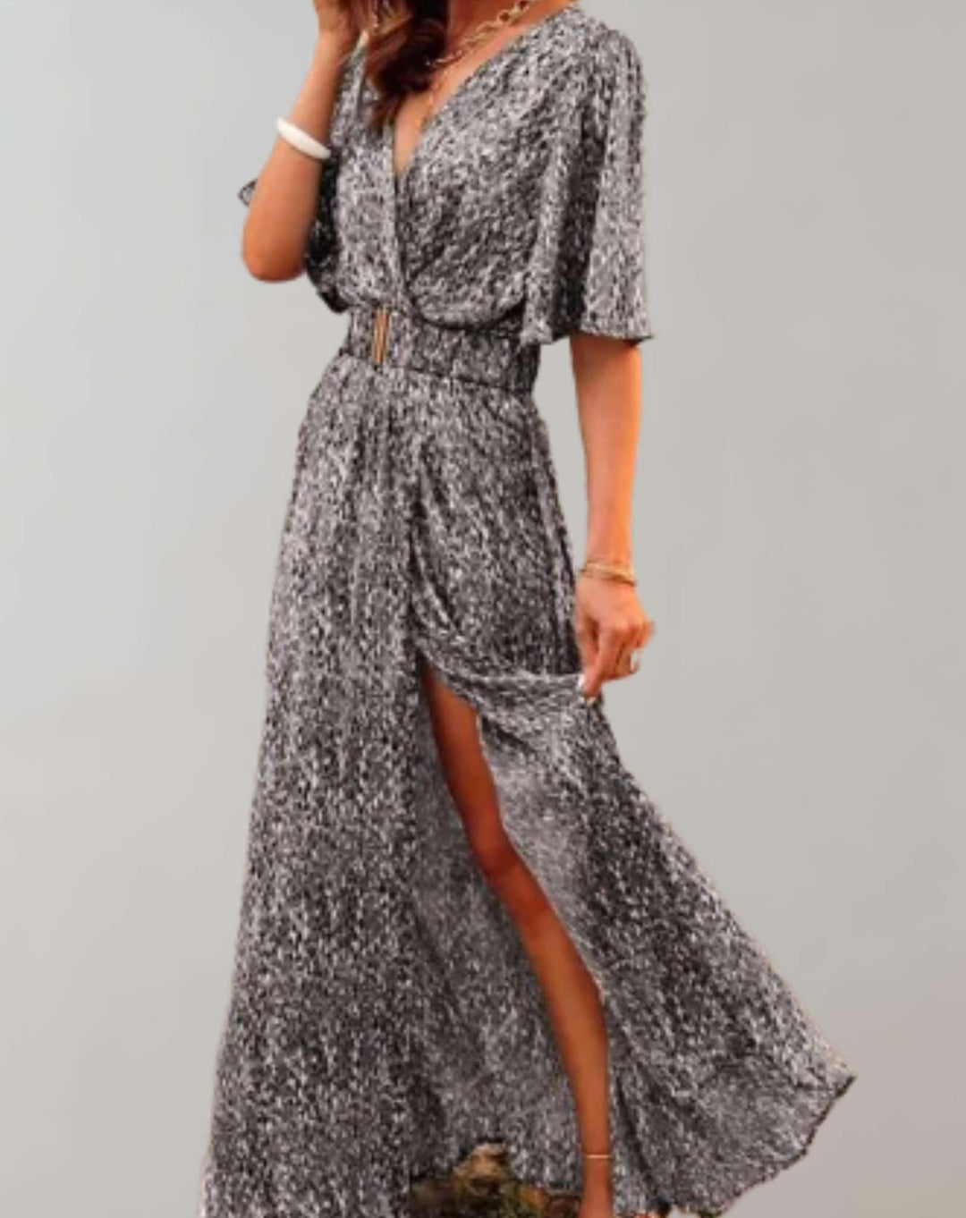 Women's Printed Split Maxi Dress with Short Sleeves