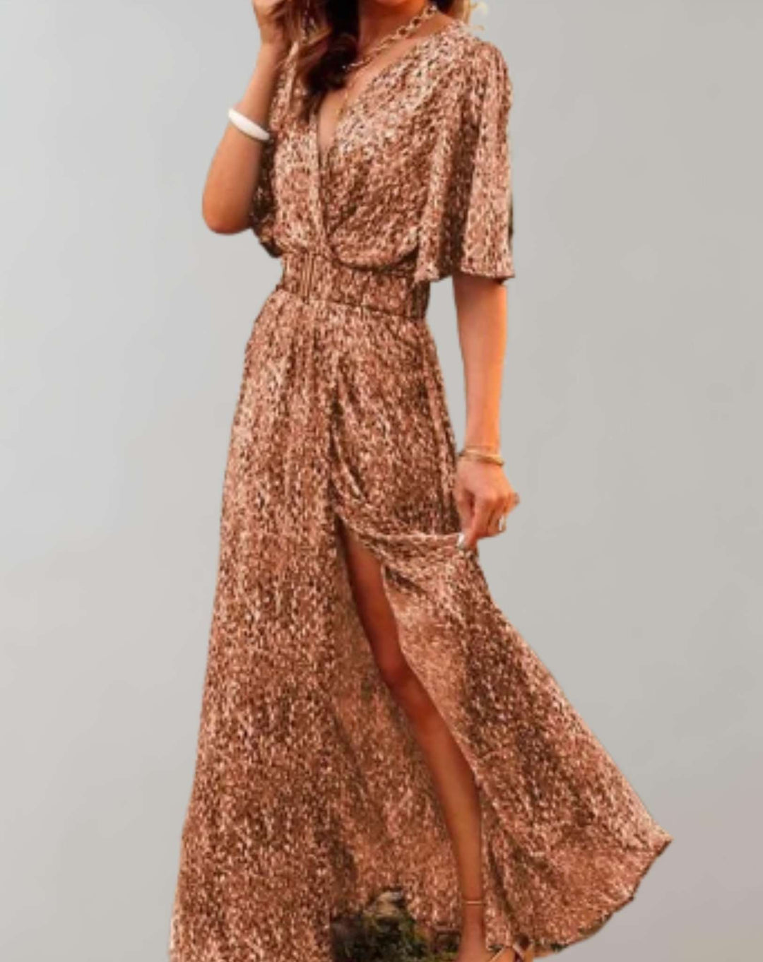 Women's Printed Split Maxi Dress with Short Sleeves