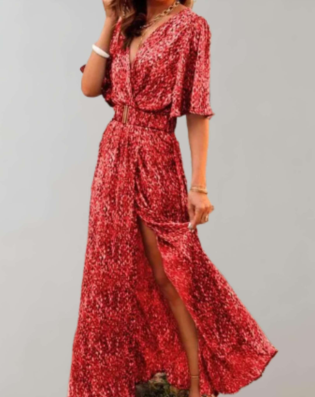 Women's Printed Split Maxi Dress with Short Sleeves