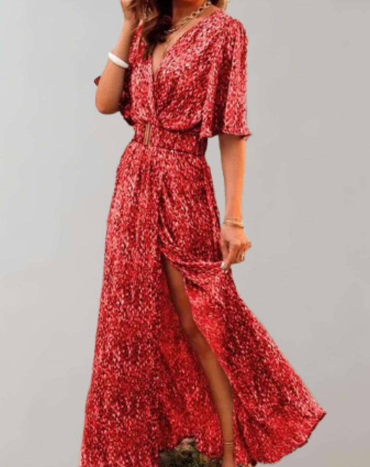 Women's Printed Split Maxi Dress with Short Sleeves