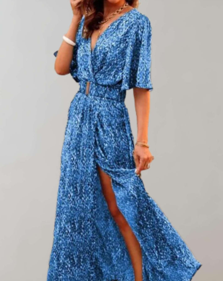 Women's Printed Split Maxi Dress with Short Sleeves