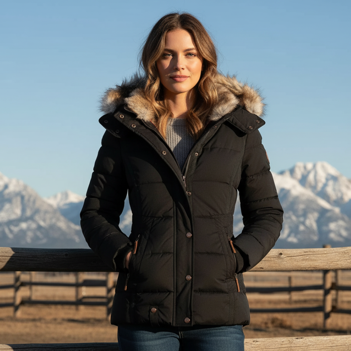 Women's Quilted Coat with Removable Faux Fur Hood Trim - photo 1