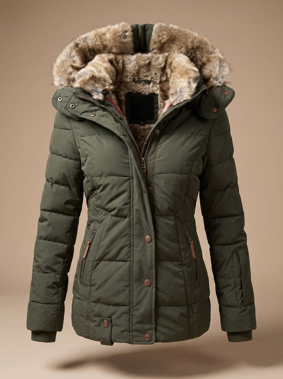 Women's Quilted Puffer Coat with Faux Fur Hood - Green