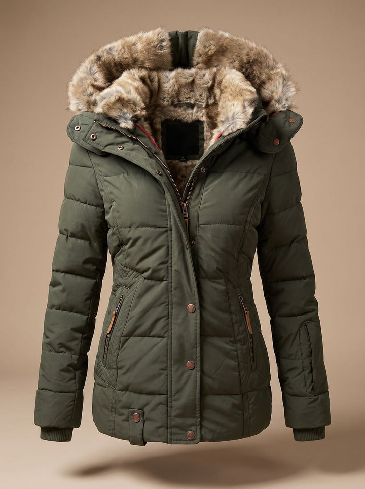 Women's Quilted Puffer Coat with Faux Fur Hood - Green