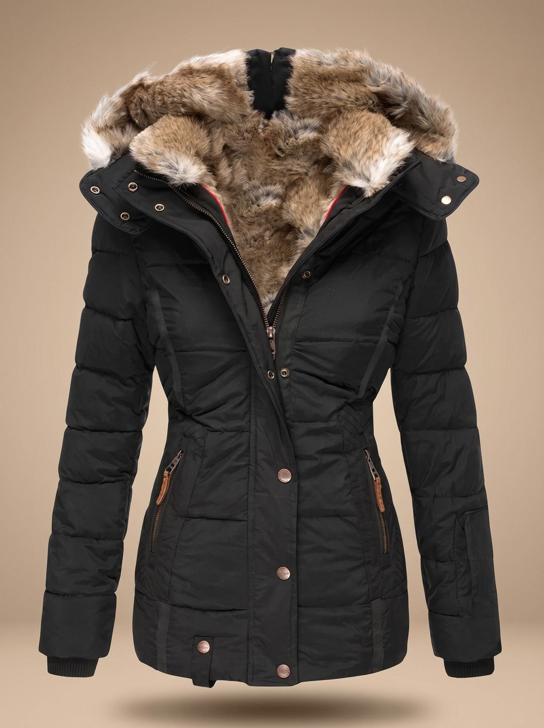 Women's Quilted Puffer Coat with Faux Fur Hood - Black