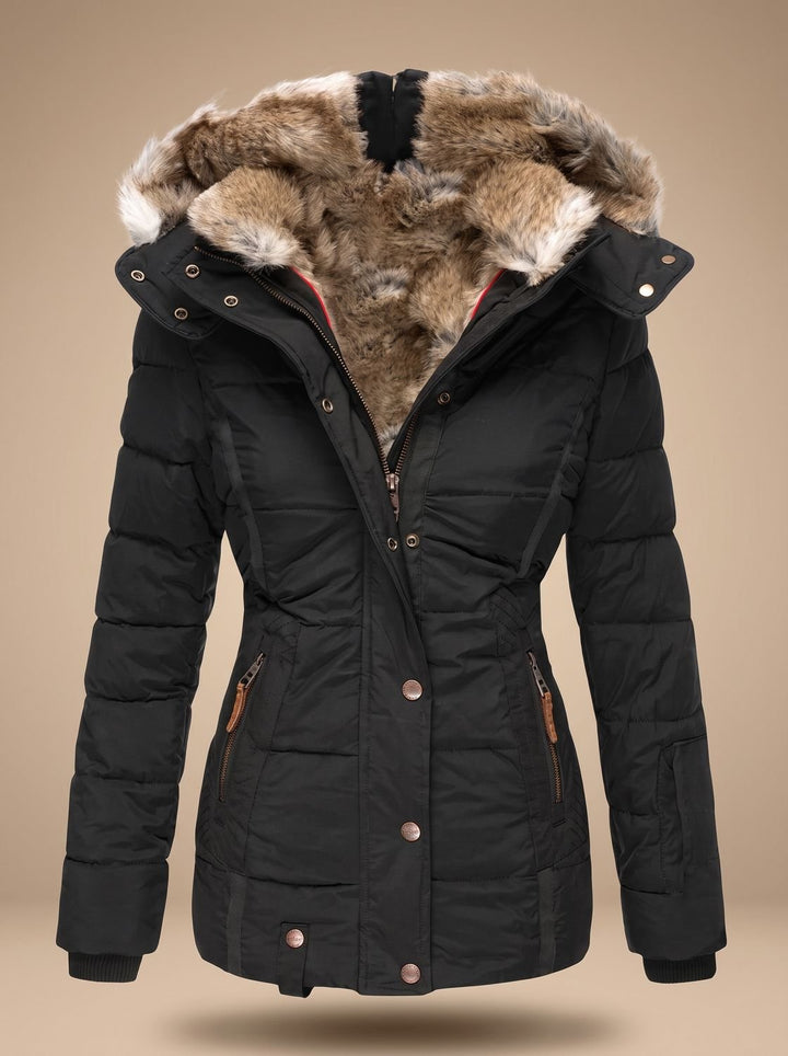 Women's Quilted Puffer Coat with Faux Fur Hood - Black