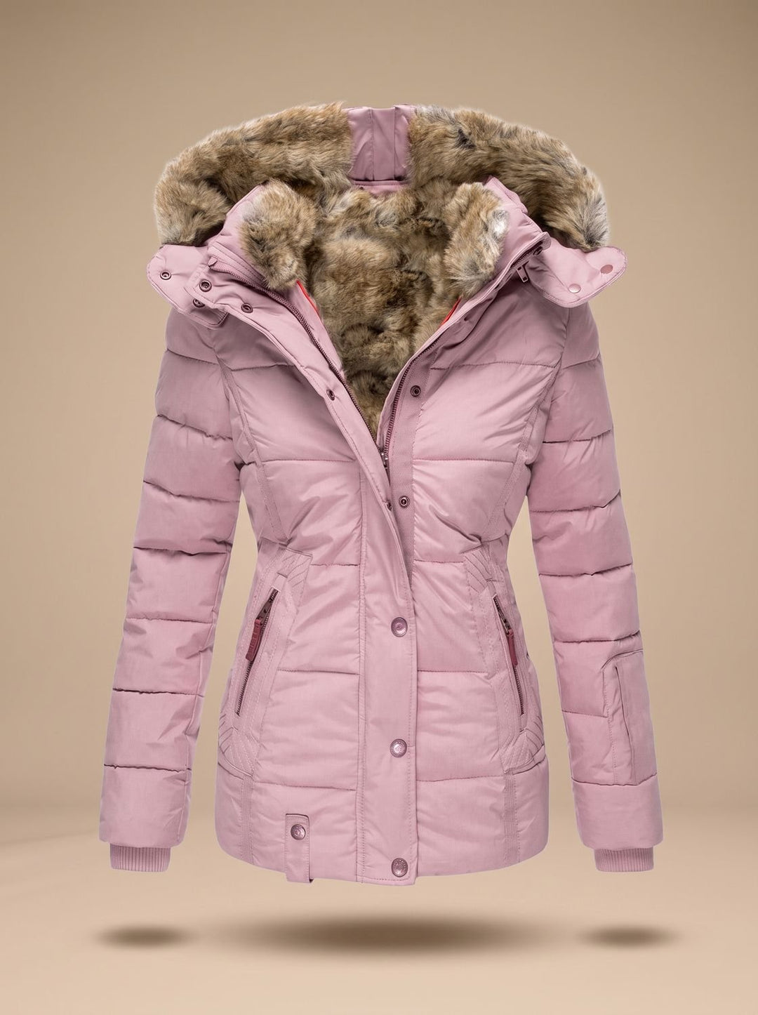 Women's Quilted Puffer Coat with Faux Fur Hood - Pink