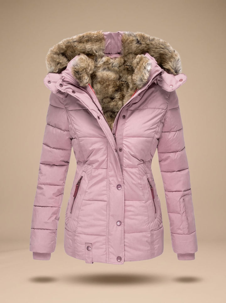 Women's Quilted Puffer Coat with Faux Fur Hood - Pink