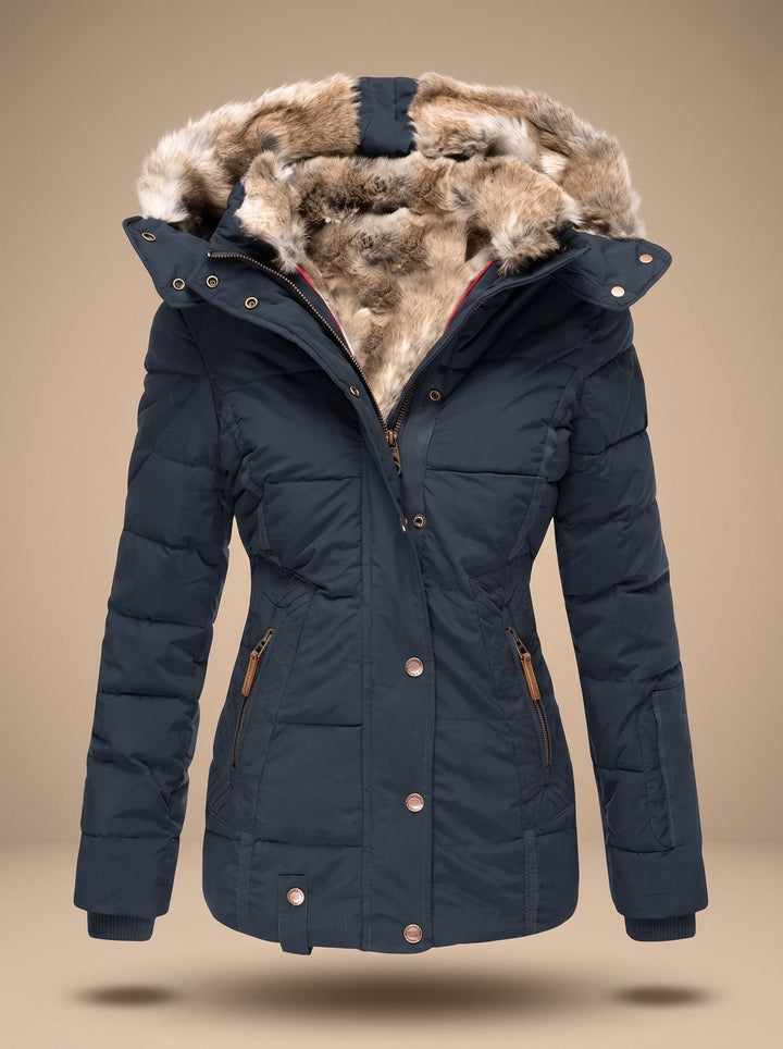 Women's Quilted Puffer Coat with Faux Fur Hood - Blue