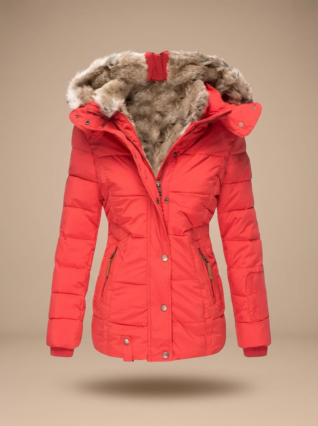 Women's Quilted Puffer Coat with Faux Fur Hood - Red
