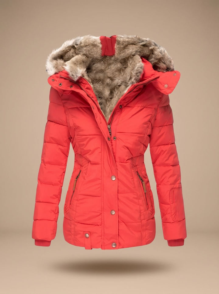 Women's Quilted Puffer Coat with Faux Fur Hood - Red
