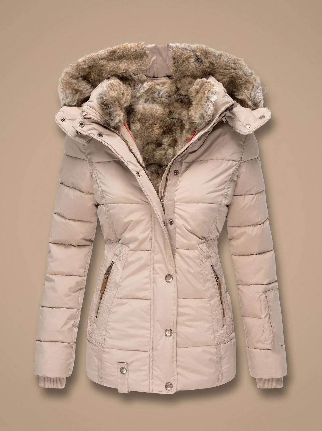 Women's Quilted Puffer Coat with Faux Fur Hood - Beige