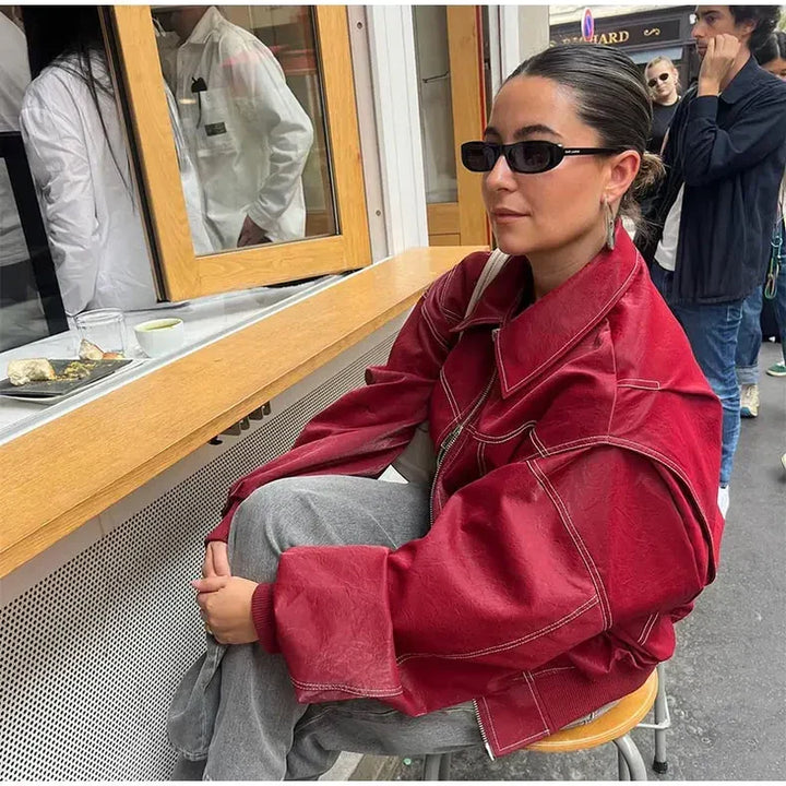 Women's Red Oversized Bomber Jacket - photo 10
