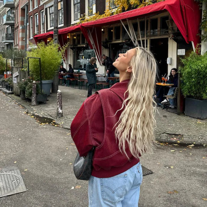 Women's Red Oversized Bomber Jacket - photo 11