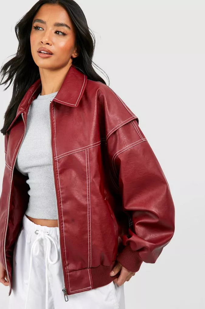 Women's Red Oversized Bomber Jacket - photo 3