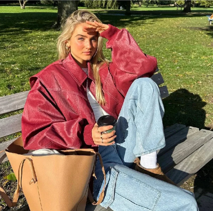 Women's Red Oversized Bomber Jacket - photo 4