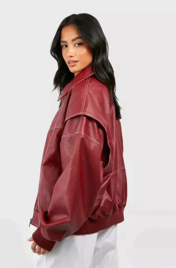 Women's Red Oversized Bomber Jacket - photo 6