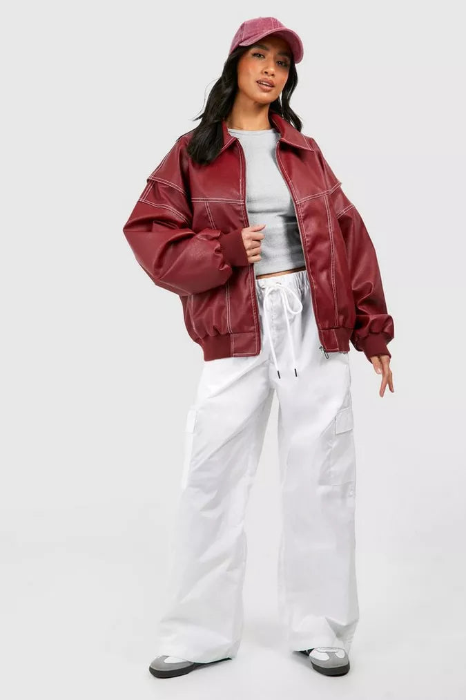 Women's Red Oversized Bomber Jacket - photo 7