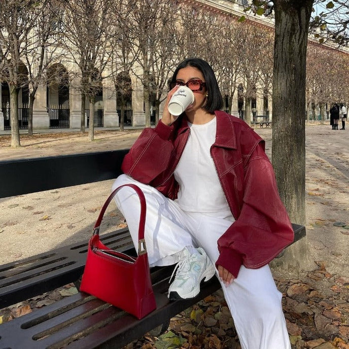 Women's Red Oversized Bomber Jacket - photo 8