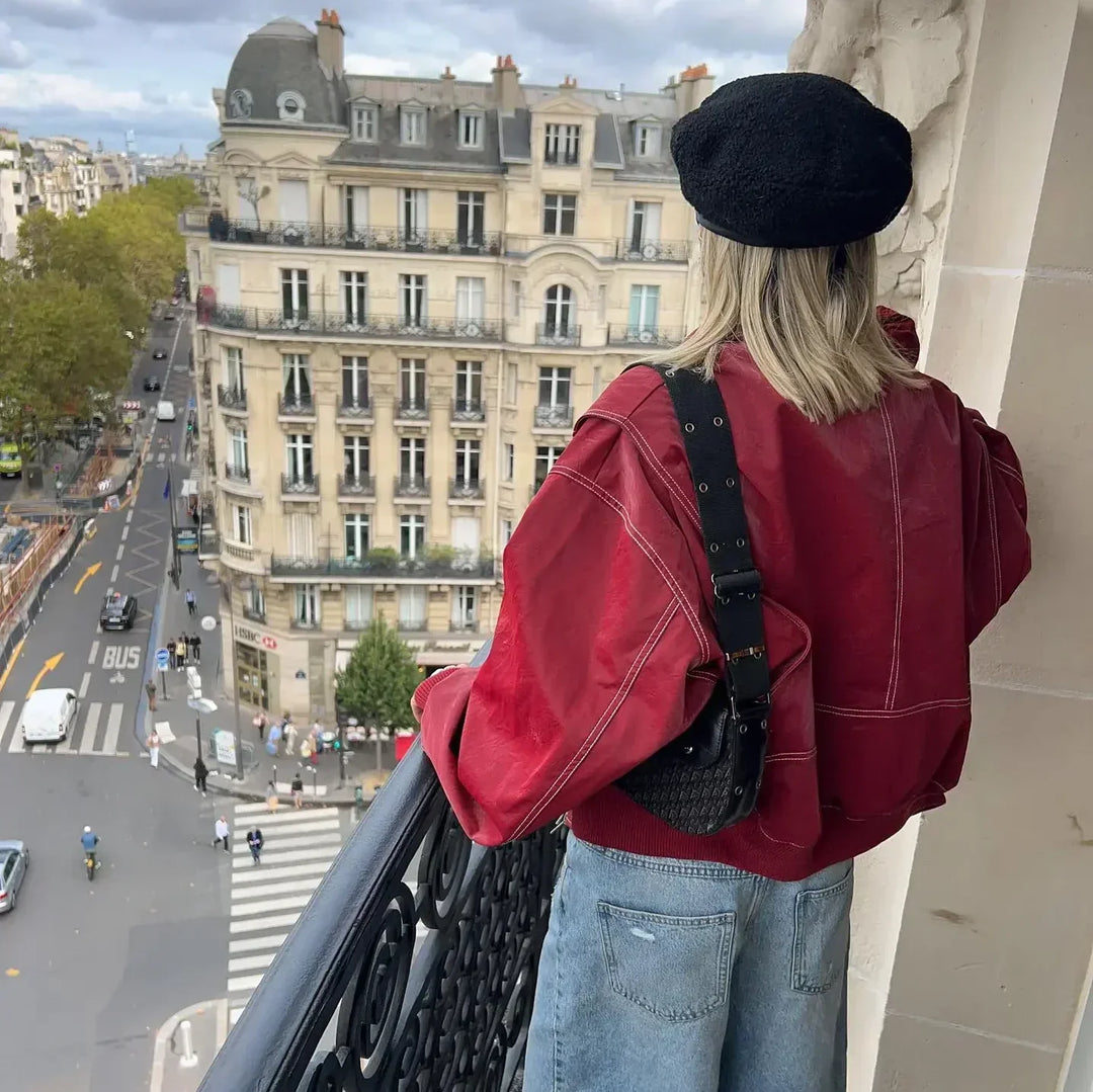Women's Red Oversized Bomber Jacket - photo 9
