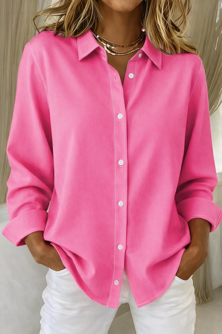 Women's Relaxed Button-Front Blouse with Long Sleeves