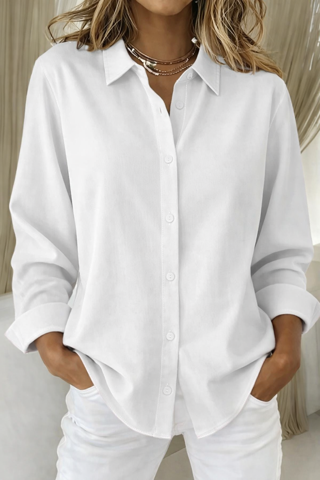 Women's Relaxed Button-Front Blouse with Long Sleeves