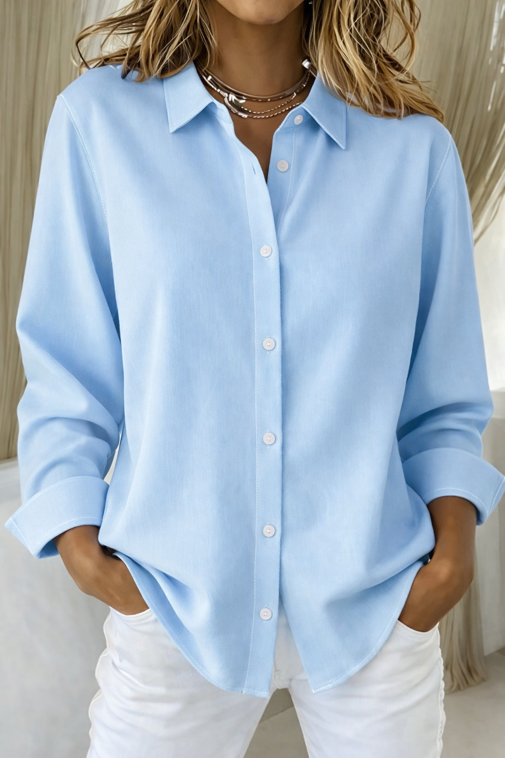 Women's Relaxed Button-Front Blouse with Long Sleeves