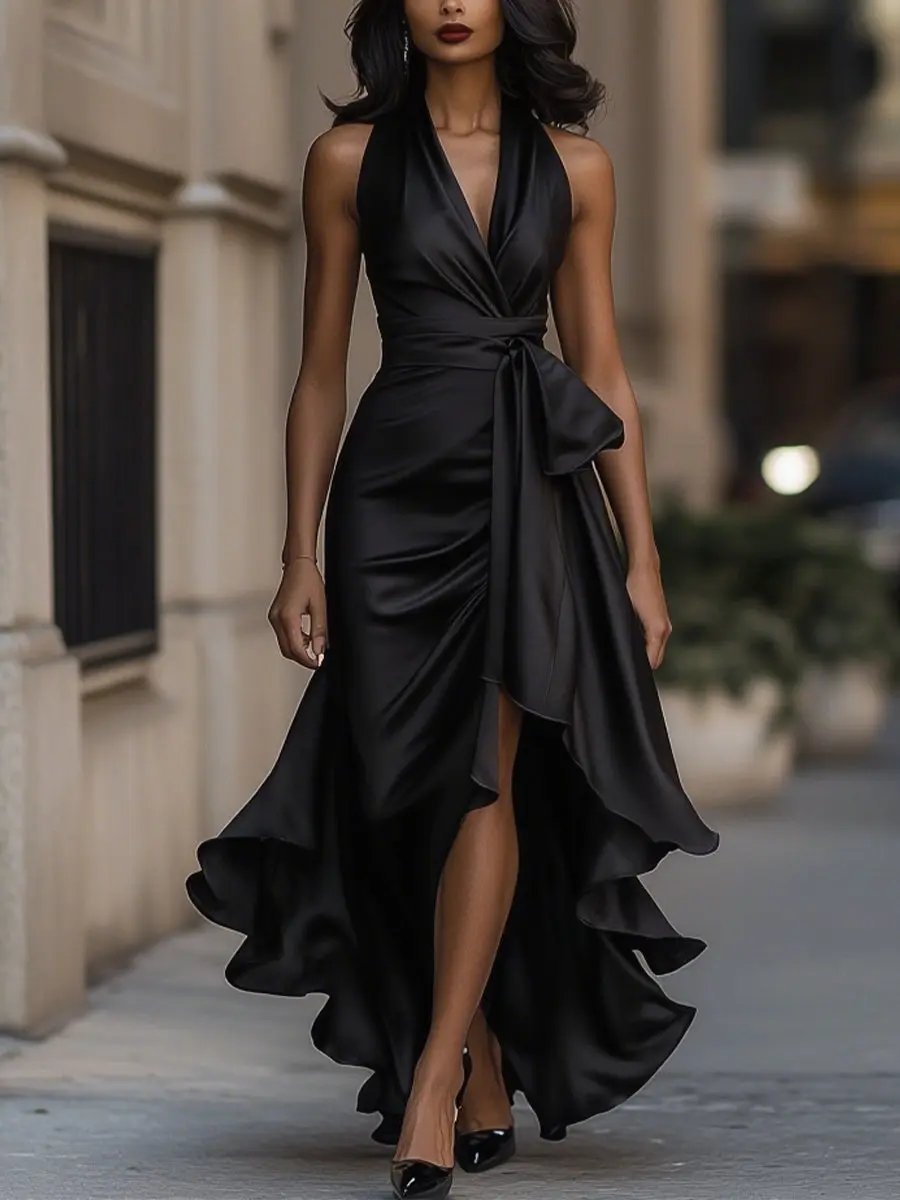 Women's Satin Halter Cocktail Party Dress High-Low Ruffle Wrap