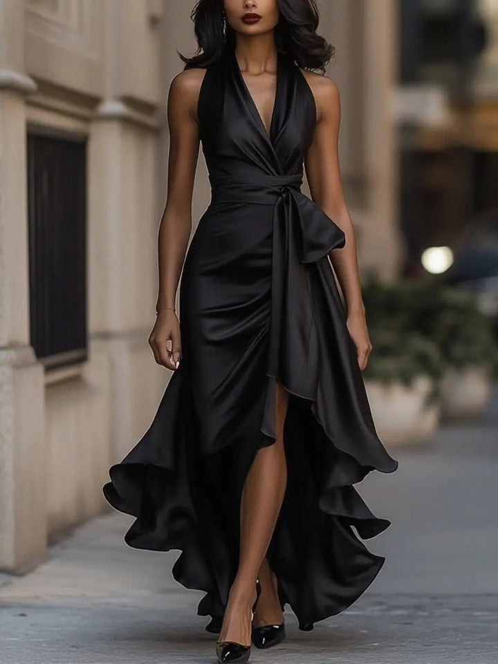 Women's Satin Halter Cocktail Party Dress High-Low Ruffle Wrap