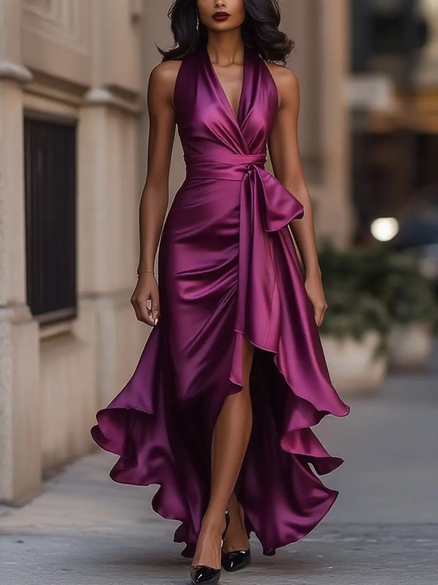 Women's Satin Halter Cocktail Party Dress High-Low Ruffle Wrap