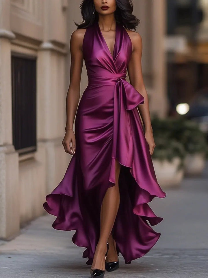 Women's Satin Halter Cocktail Party Dress High-Low Ruffle Wrap