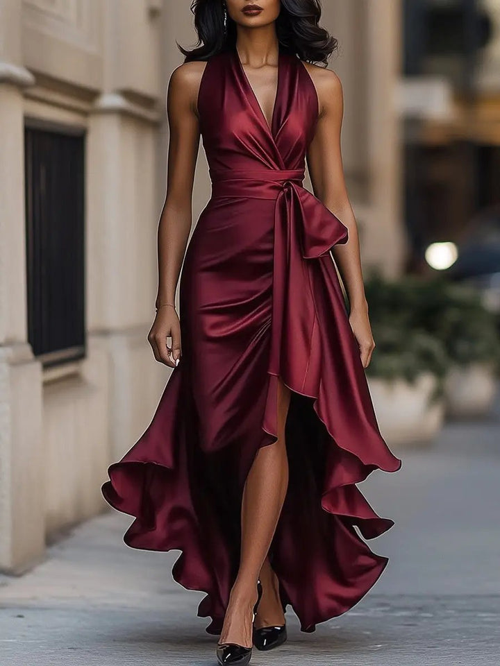 Women's Satin Halter Cocktail Party Dress High-Low Ruffle Wrap