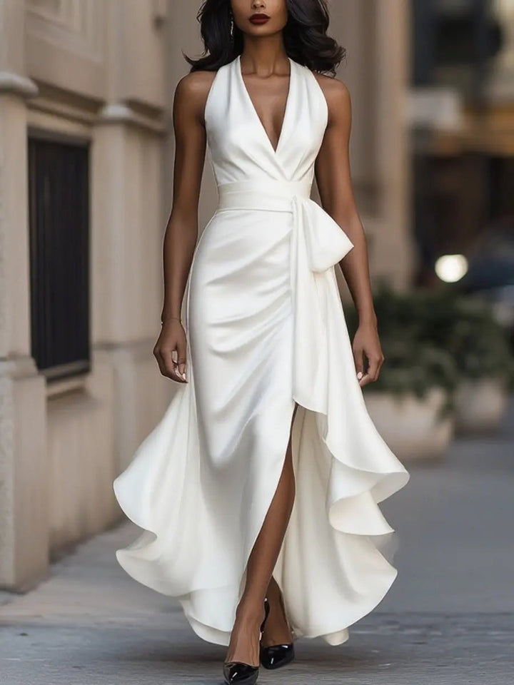Women's Satin Halter Cocktail Party Dress High-Low Ruffle Wrap