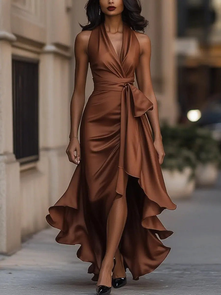 Women's Satin Halter Cocktail Party Dress High-Low Ruffle Wrap