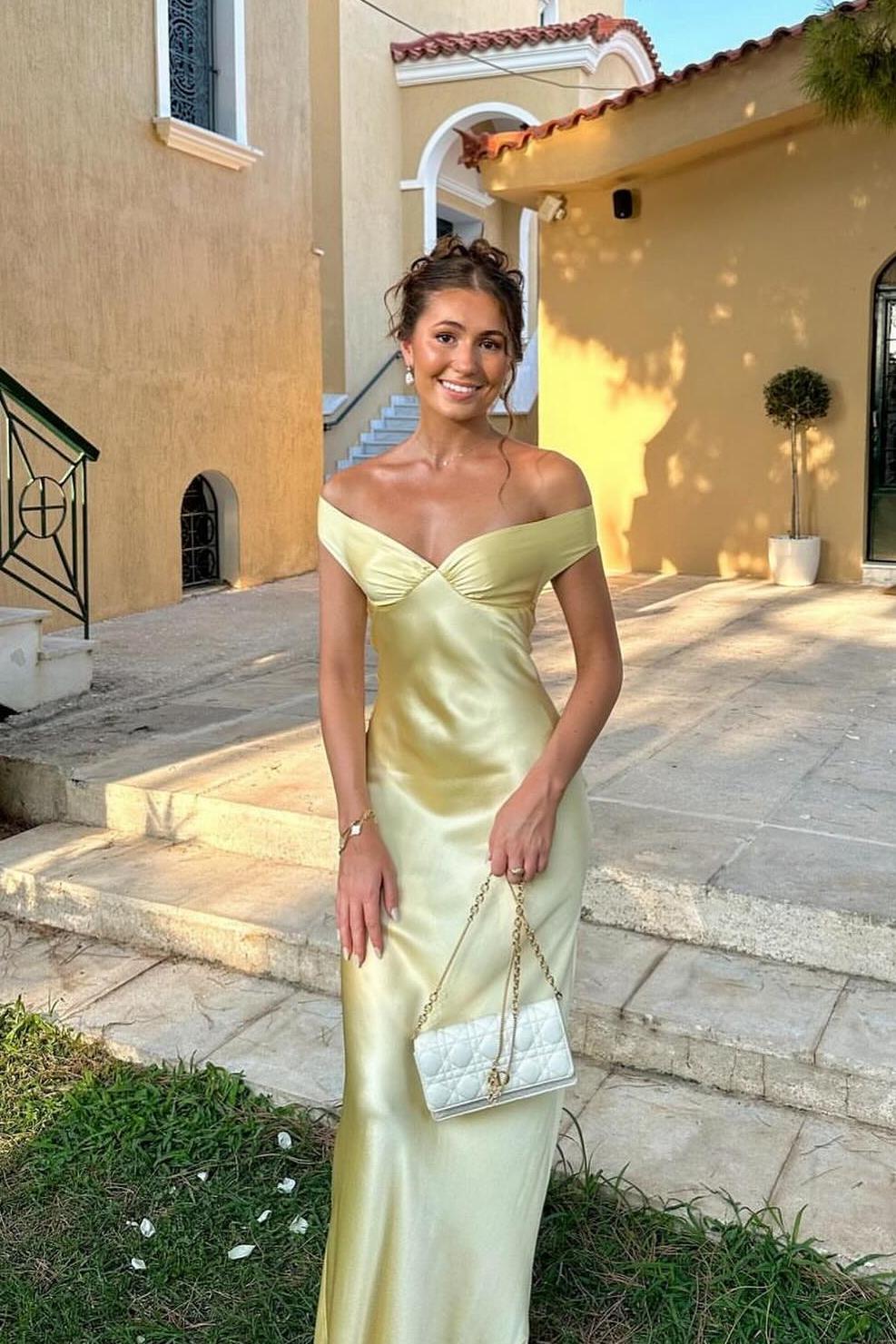 Angela - Abito lungo da donna in raso con scollo monospalla