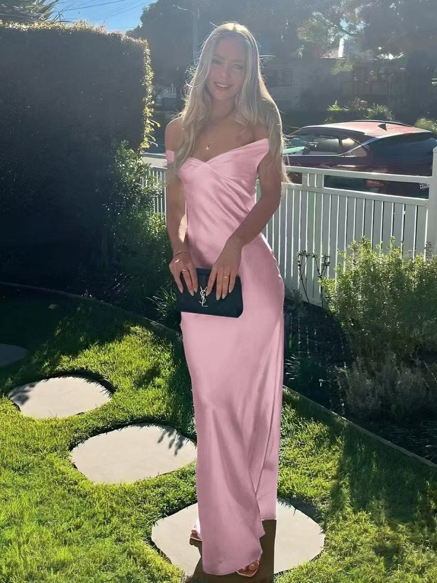 Angela - Abito lungo da donna in raso con scollo monospalla