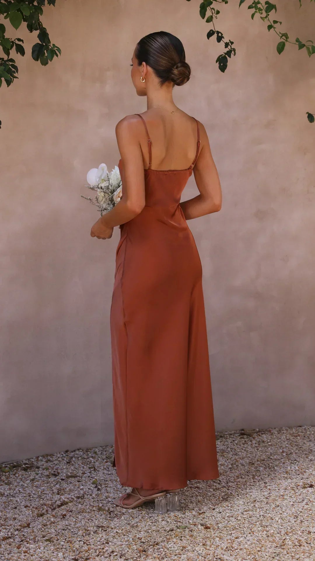 Women's Satin Maxi Dress with Square Neck and Side Split