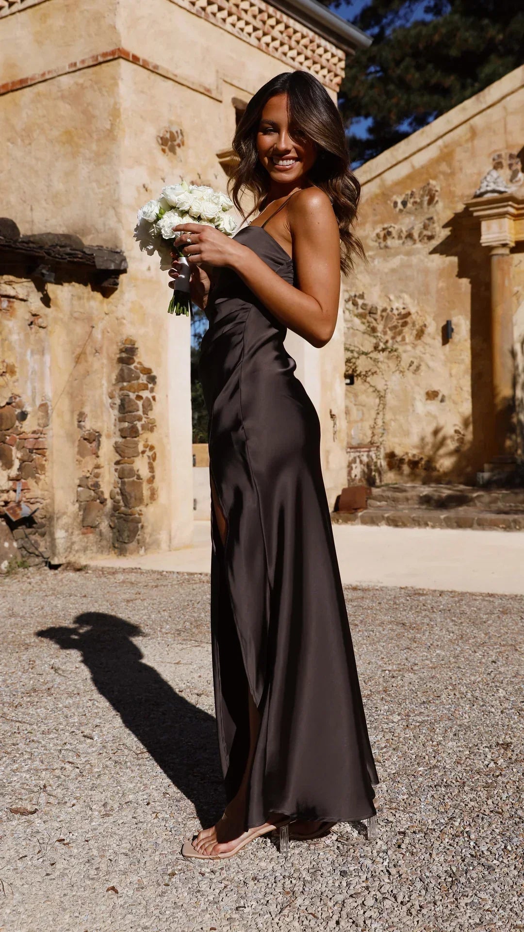 Women's Satin Maxi Dress with Square Neck and Side Split - Coffee