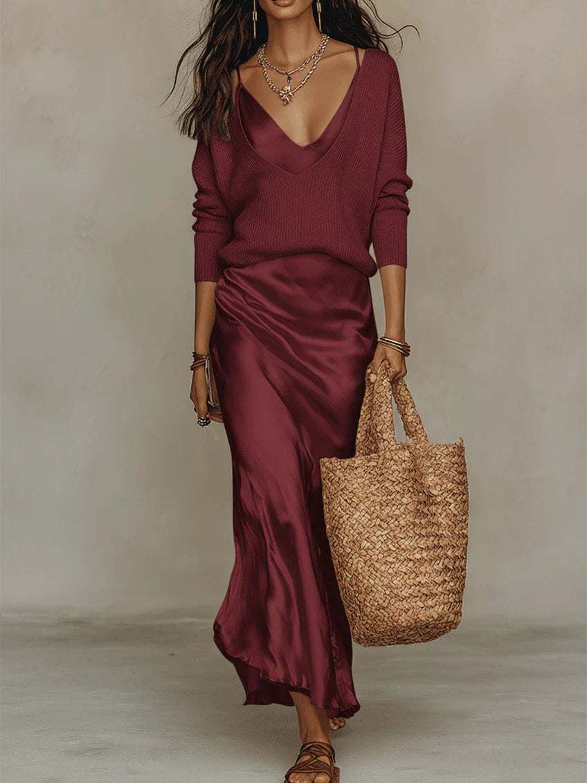 Women's Satin Maxi Dress with Matching V Neck Jumper - photo 9