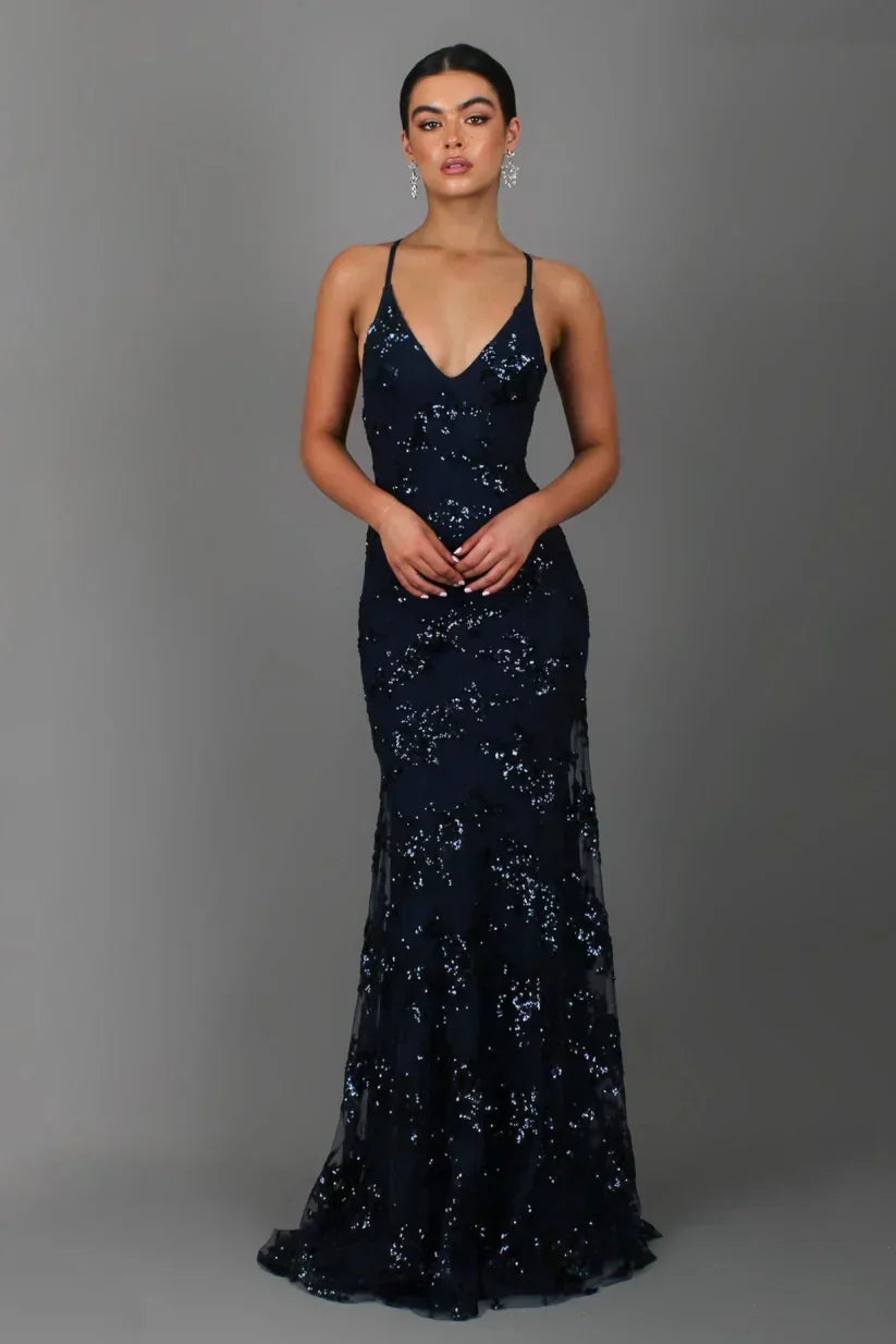 Women's Sequin Mermaid Maxi Dress - Deep V-Neck with Open Back Lace-Up and Fishtail Hem