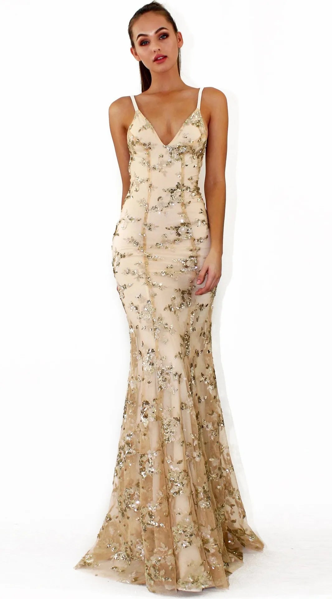 Women's Sequin Mermaid Maxi Dress - Deep V-Neck with Open Back Lace-Up and Fishtail Hem – view 10