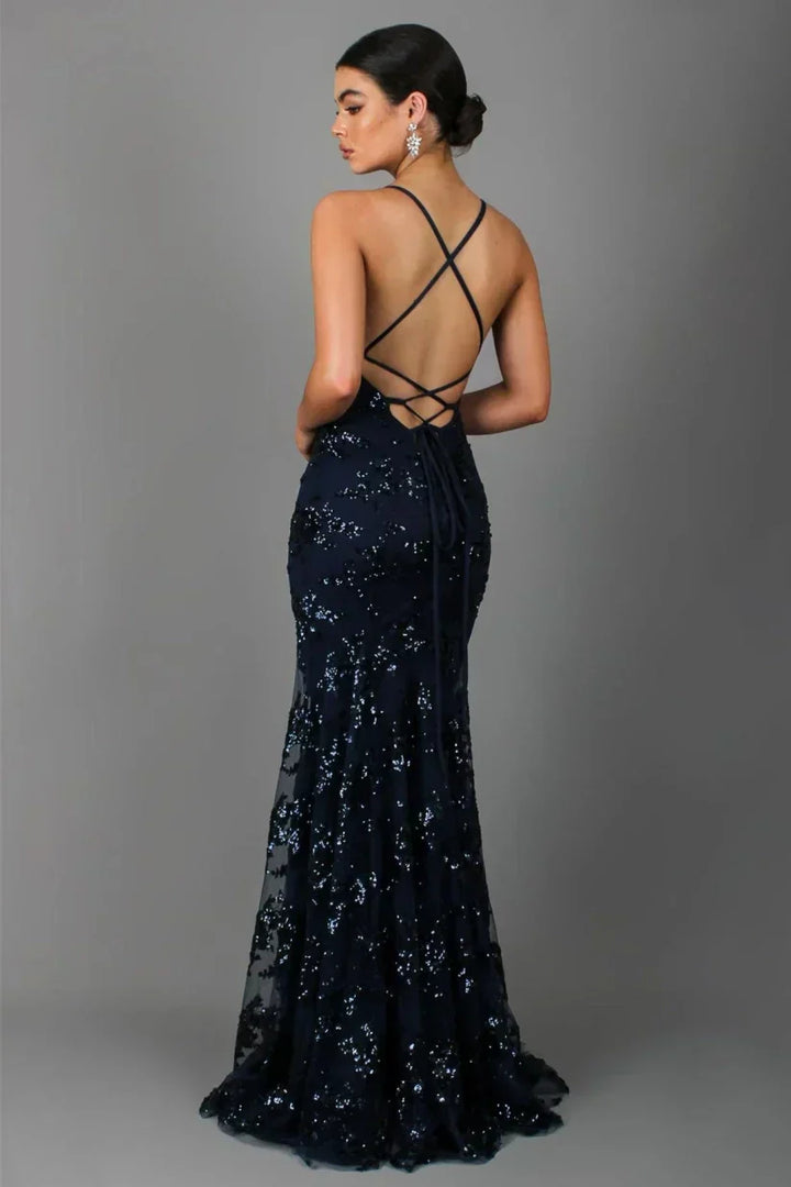 Women's Sequin Mermaid Maxi Dress - Deep V-Neck with Open Back Lace-Up and Fishtail Hem – view 2