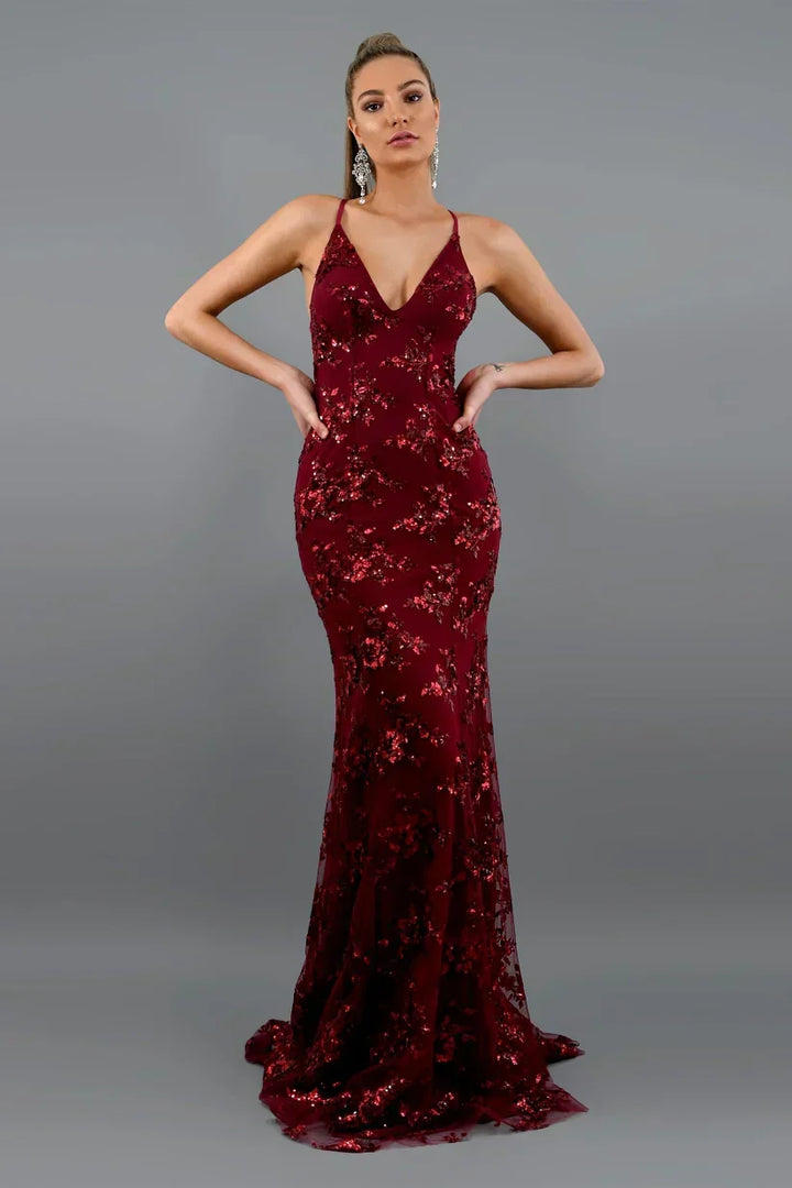 Women's Sequin Mermaid Maxi Dress - Deep V-Neck with Open Back Lace-Up and Fishtail Hem – view 3
