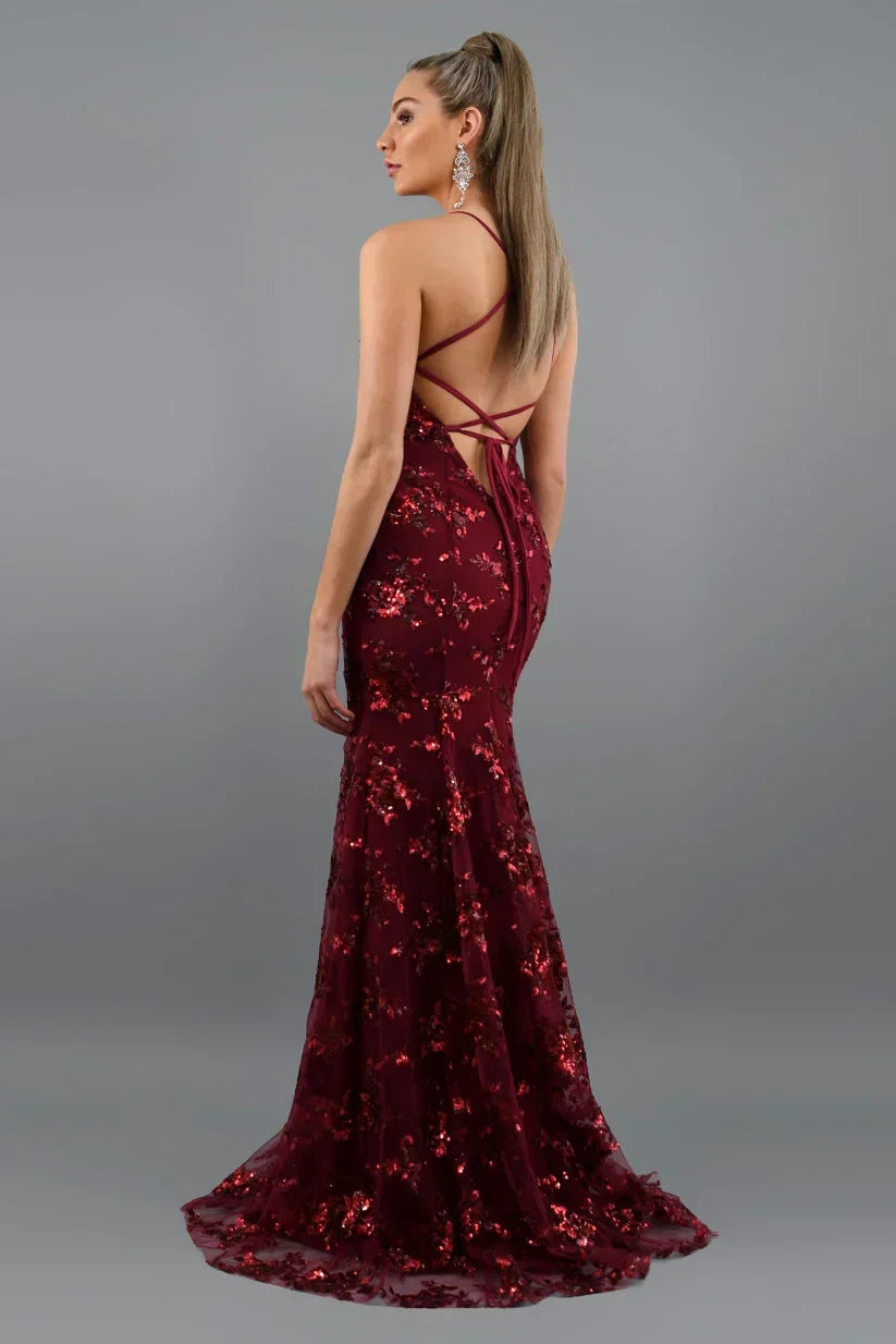 Women's Sequin Mermaid Maxi Dress - Deep V-Neck with Open Back Lace-Up and Fishtail Hem – view 5