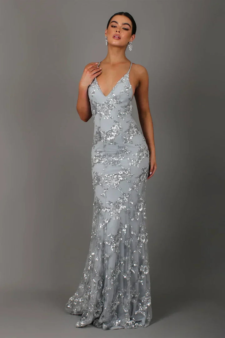 Women's Sequin Mermaid Maxi Dress - Deep V-Neck with Open Back Lace-Up and Fishtail Hem – view 6