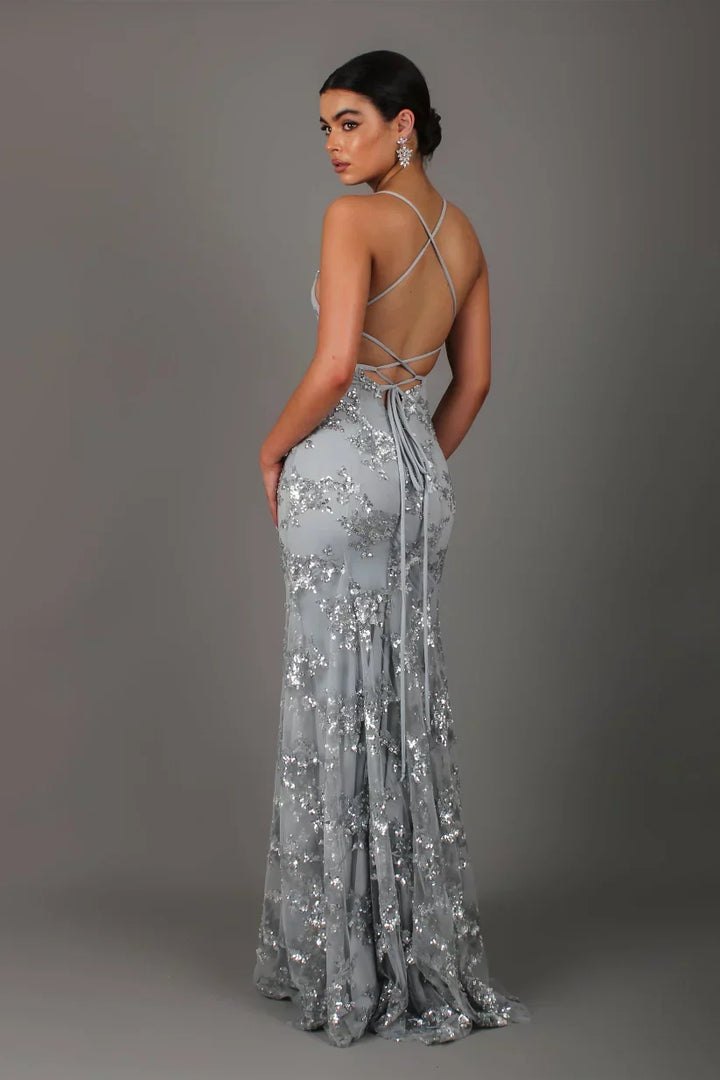 Women's Sequin Mermaid Maxi Dress - Deep V-Neck with Open Back Lace-Up and Fishtail Hem – view 9