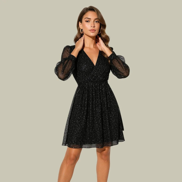 Women's Sequin Mini Dress with Sheer Long Sleeves - Black