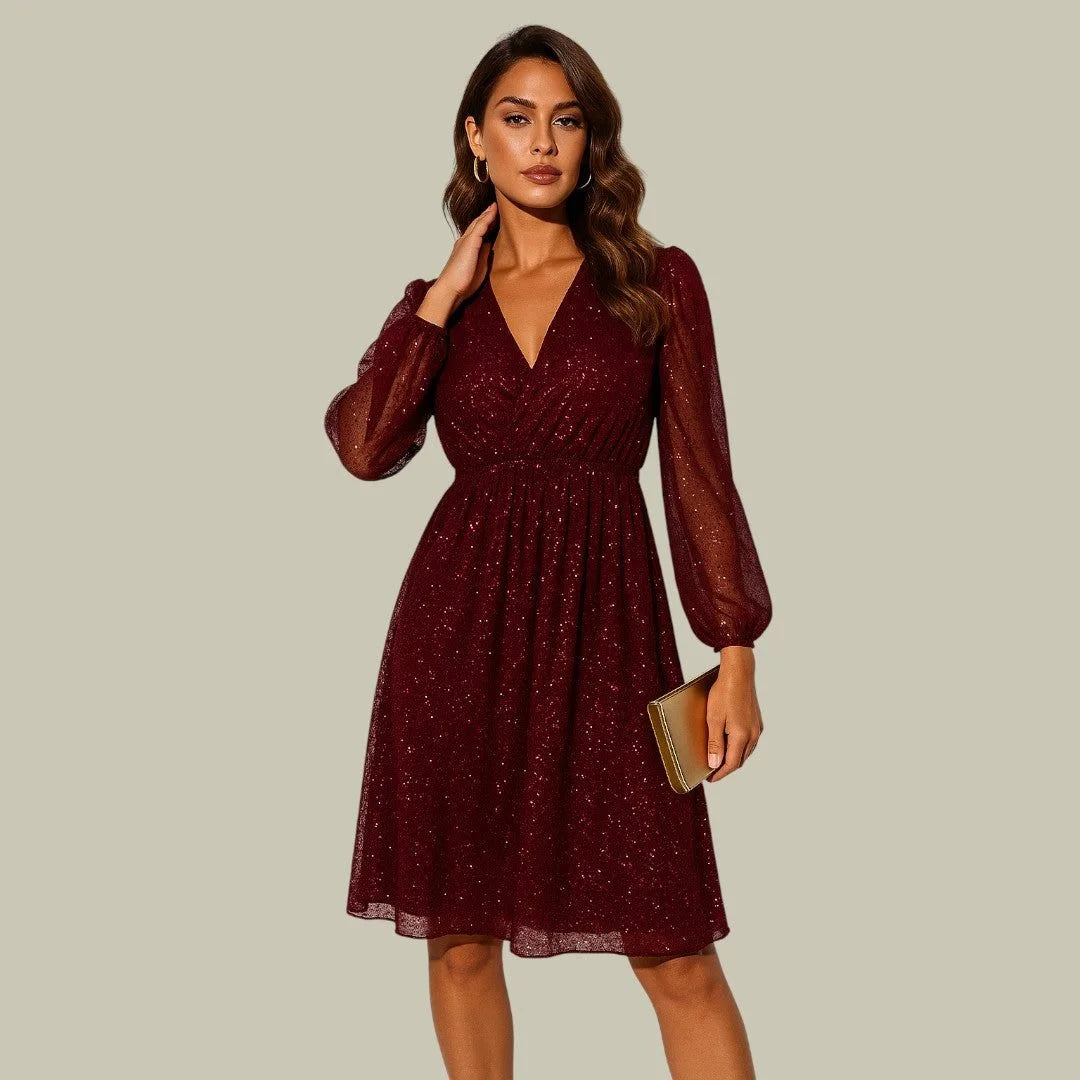 Women's Sequin Mini Dress with Sheer Long Sleeves - Red