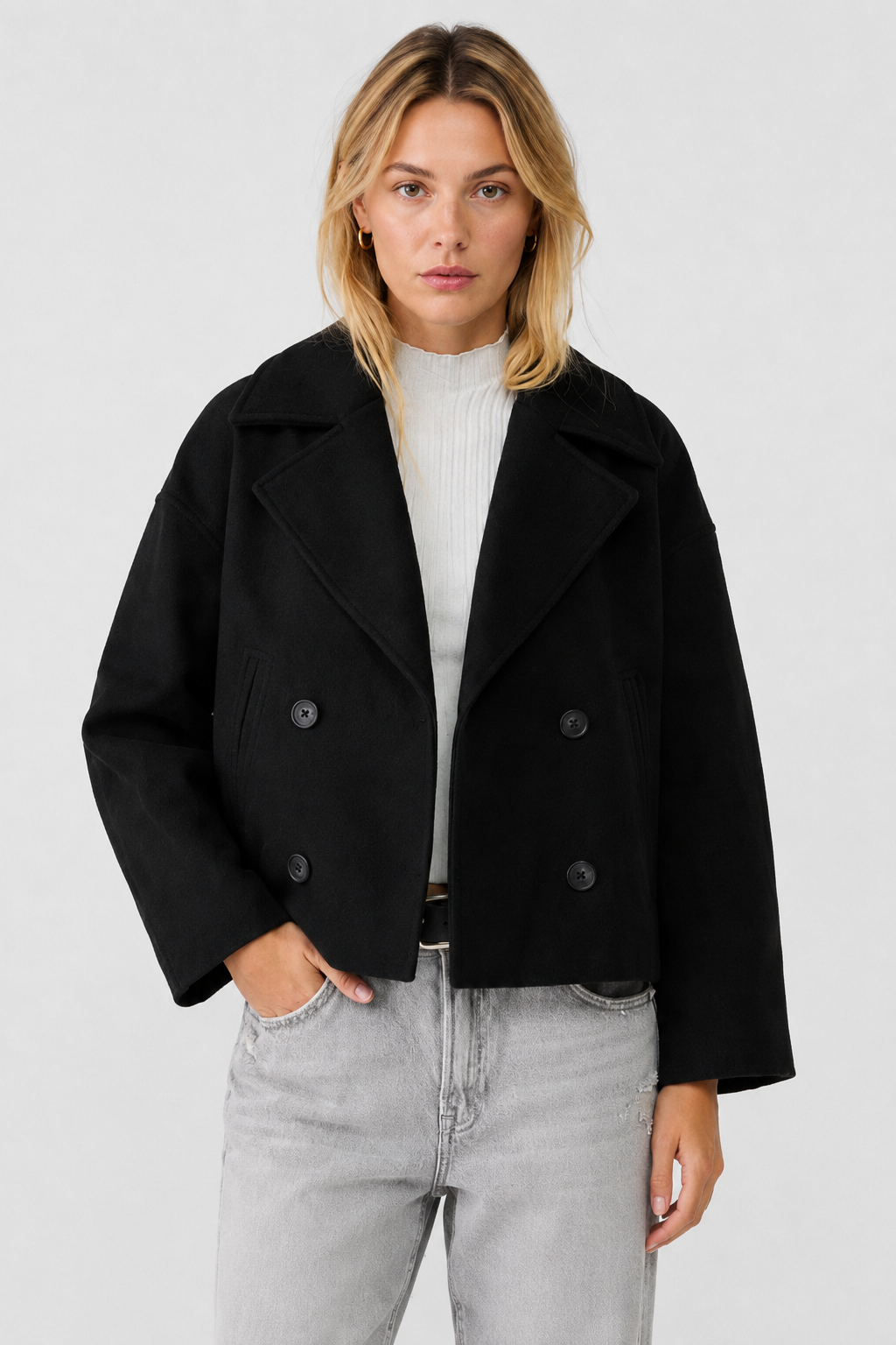 Women's Cropped Wool Pea Coat with a Button Front – view 11
